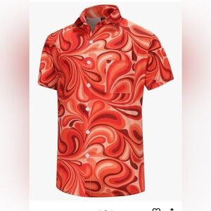 KYKU Funky Hawaiian/70s Shirt Vibrant Red/Orange Swirl Men XL